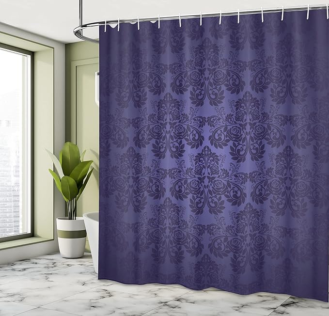 Ambesonne Dark Purple Shower Curtain, Royal Floral Damask Motifs Antique Design Vintage Victorian Print, Cloth Fabric Bathroom Decor Set with Hooks, 69" W x 75" L, Dark Blue
