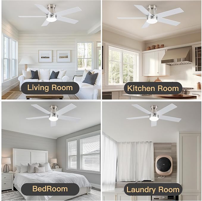 Ceiling Fans with Lights and Remote Control, Brushed Nickel Flush Mount Ceiling Fan with Light 3-Color Dimmable, Memory for Lighting and Fan Reversible, 6-Speed, Timer, Indoor/Outdoor Use, 47 Inch
