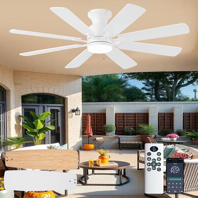 KNUN 52 Inch Ceiling Fan with Light, Low Profile Ceiling Fans with Remote and APP Control, 8 Blades, Noiseless, DC Motor, Flush Mount Ceiling Fan for Bedroom Living Room, Indoor/Outdoor White