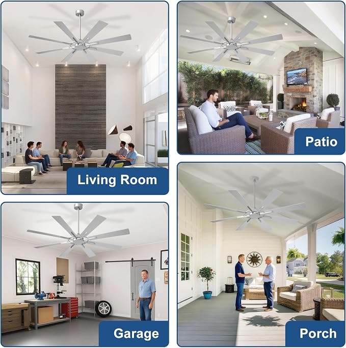 Large Ceiling Fan No Light: Modern 66 Inch 8 Blade Outdoor Ceiling Fans with Remote APP Control - Silver Big Fan without Light Indoor Reversible 6 Speed Quiet DC Motor
