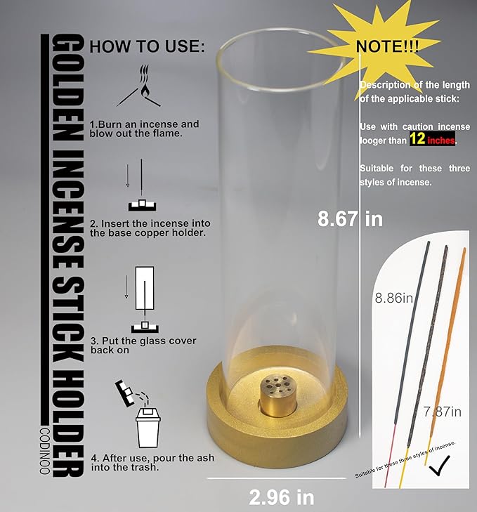 Glass Incense Holder for Sticks,Modern Incense Stick Holder with Ash Catcher[Anti ash Flying], Wooden Incense Burner Holder,Zen Glass Incense Holder,for Spa Home Decor Yoga Meditation[Golden]
