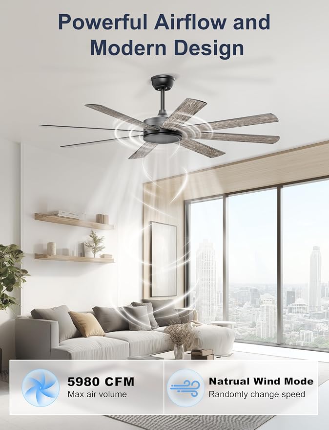 60'' Black Ceiling Fan No Lights for Indoor/Covered Outdoor | Remote/APP Control, 5980 CFM Airflow, Quiet DC Motor, Reversible Airflow, 8 Blades Modern Overhead Fan for Patio, Garage