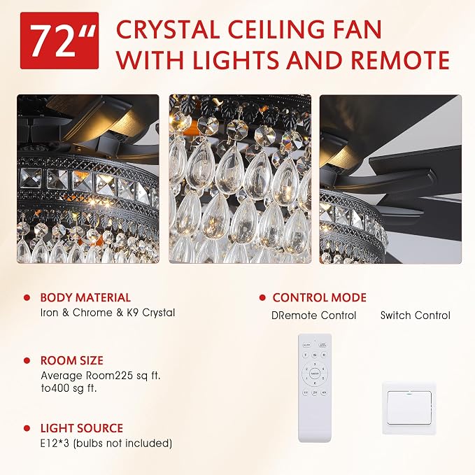 GJeg Crystal Ceiling Fan Fandelier with Lights - Outdoor Ceiling Fans with Remote Control, Farmhouse Ceiling Fan with Noiseless DC Reversible Motor,Dining Room,Living Room(72" Black)