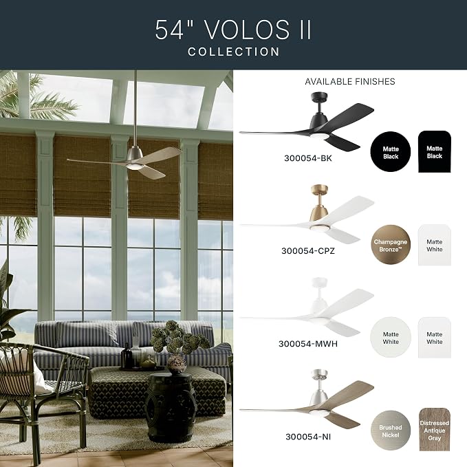 Kichler 54" Volos II 3 Blade Ceiling Fan in Brushed Nickel with Distressed Antique Grey Blades, Easy-to-Install AC Motor, Downrod, 300054-NI