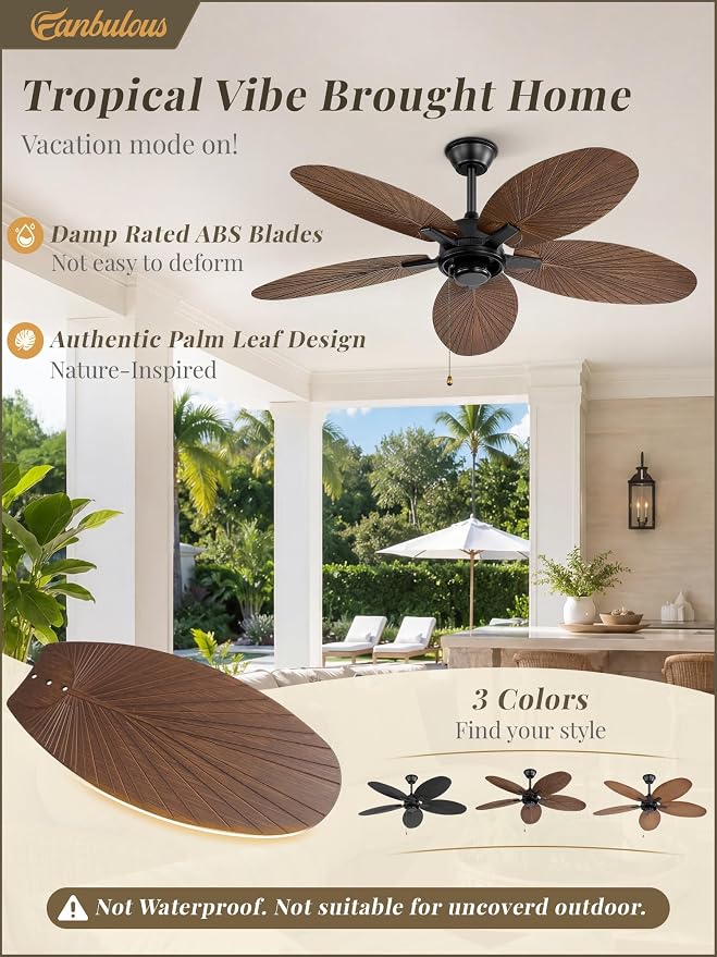 Fanbulous 52 Inch Ceiling Fan No Light, Remote & Pull Chain Tropical Fan With 6 Speeds, 3 Timers, DC Quiet Motor, 5 Palm Blade for Bedroom Living Room Covered Outdoor Patio Porch, Damp Rated, Brown