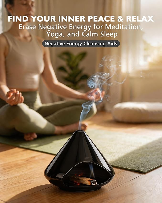 Ceramic Palo Santo Holder Incense Burner Ash Catcher - Modern Chiminea Smudge Bowl for Sage and Wood Sticks - Meditation Energy Cleansing Yoga Gifts for Home Decor