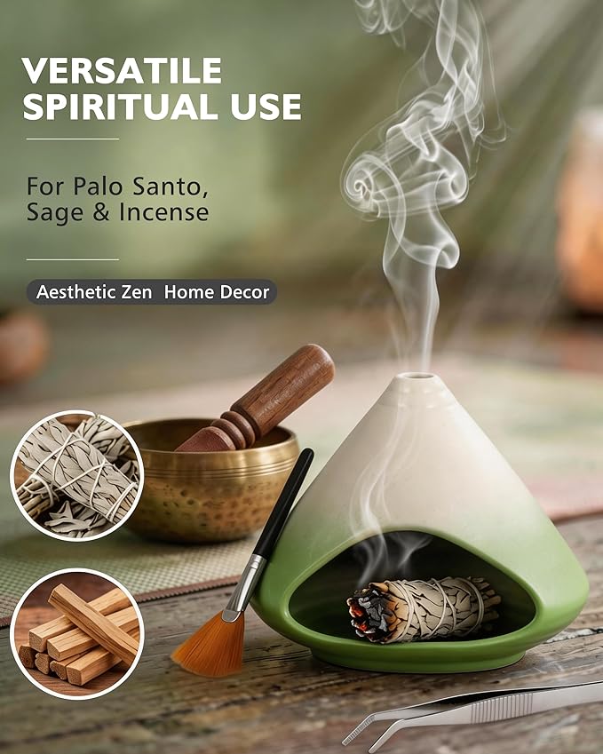 Ceramic Palo Santo Holder Incense Burner Ash Catcher - Modern Chiminea Smudge Bowl for Sage and Wood Sticks - Meditation Energy Cleansing Yoga Gifts for Home Decor