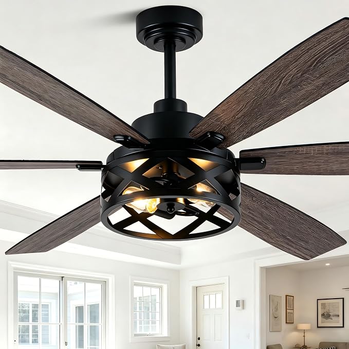 60“ Farmhouse Ceiling Fan with Lights Remote, Rustic Ceiling Fan | Black Metal Caged Fandelier Industrial Chandelier, Reversible Quiet DC Motor 6 Speed 6 Dual Blades for Living Room Bedroom