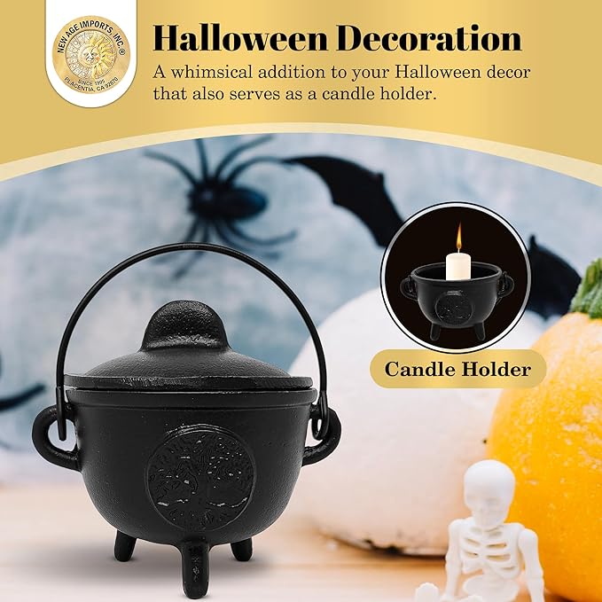 New Age Imports, Inc. Tree of Life Cast Iron Cauldron w/Handle & lid, Ideal for smudging, Incense Burning, Ritual Purpose, Decoration, Halloween Decoration, Candle Holder, etc. (Tree of Life - BR94)