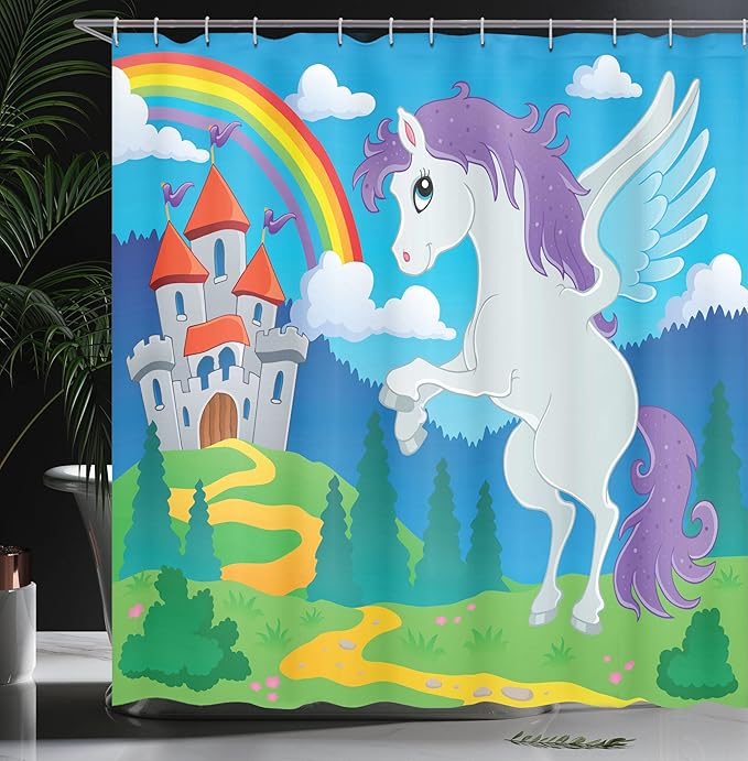 Ambesonne Fantasy Shower Curtain, Surreal Mythical Unicorn Rainbow and Medieval Castle Cartoon Design, Cloth Fabric Bathroom Decor Set with Hooks, 69" W x 84" L, Aqua Green