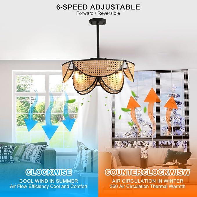 Ganeed 20" Boho Caged Ceiling Fan with Light and Remote, Layered Rattan Enclosed Flush Mount Boho Ceiling Fans Lights, Low Profile 6 Speed Reversible Fandelier for Bedroom Kitchen Living Room Nursery