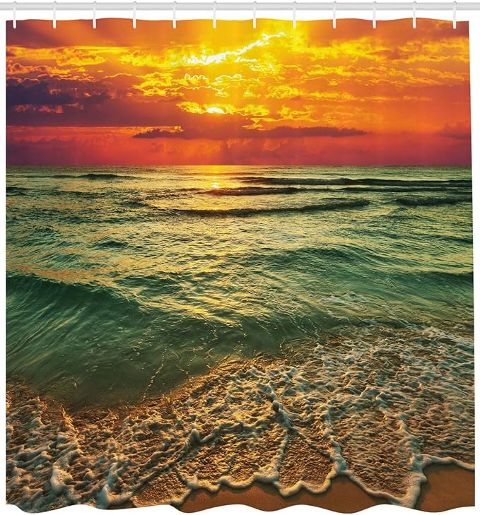 Ambesonne Ocean Shower Curtain, Serenity View of Mystic Sunset at Dusk Dense Clouds Wavy Sea and Beach, Cloth Fabric Bathroom Decor Set with Hooks, 69" W x 70" L, Brown Orange