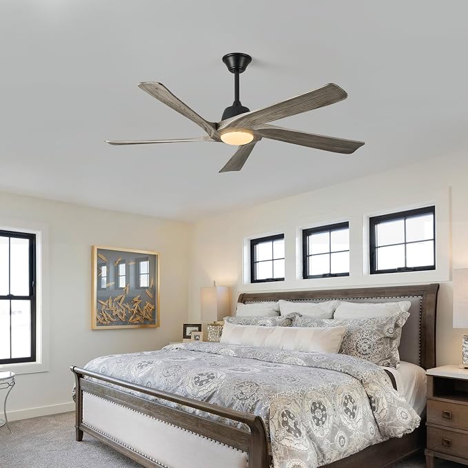60" Solid Wood Ceiling Fan with Lights, Remote and APP Control, 3-color Dimmable LED, 6-speed Reversible, Modern Ceiling Fans for Bedroom, Living Room, Outdoor/Indoor, Greywood