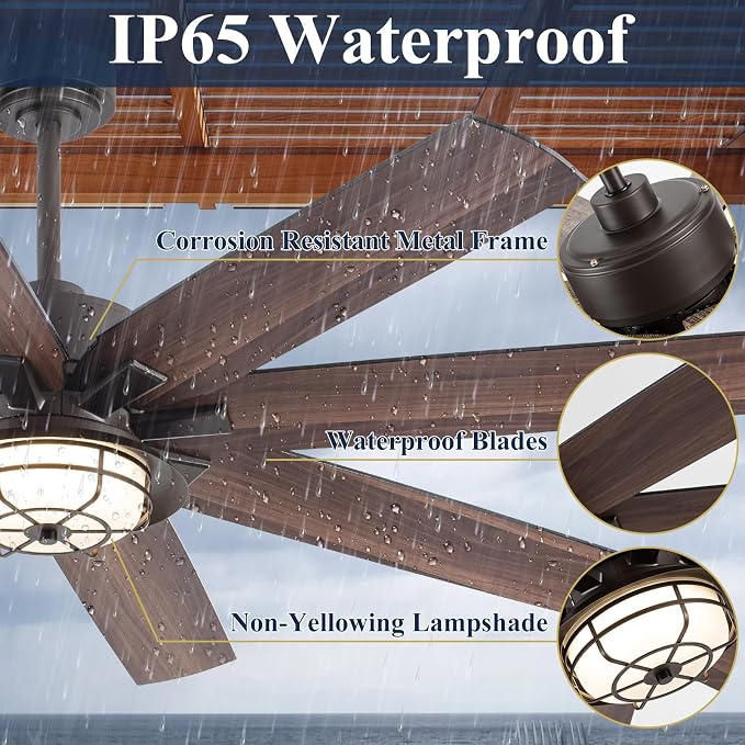 NORFOLK Outdoor Ceiling Fans with Lights and Remote, Waterproof 52 Inch Ceiling Fan with 3 Color LED Light for Patios, Gazebos, and Indoor, Wet Rated Farmhouse Modern Style