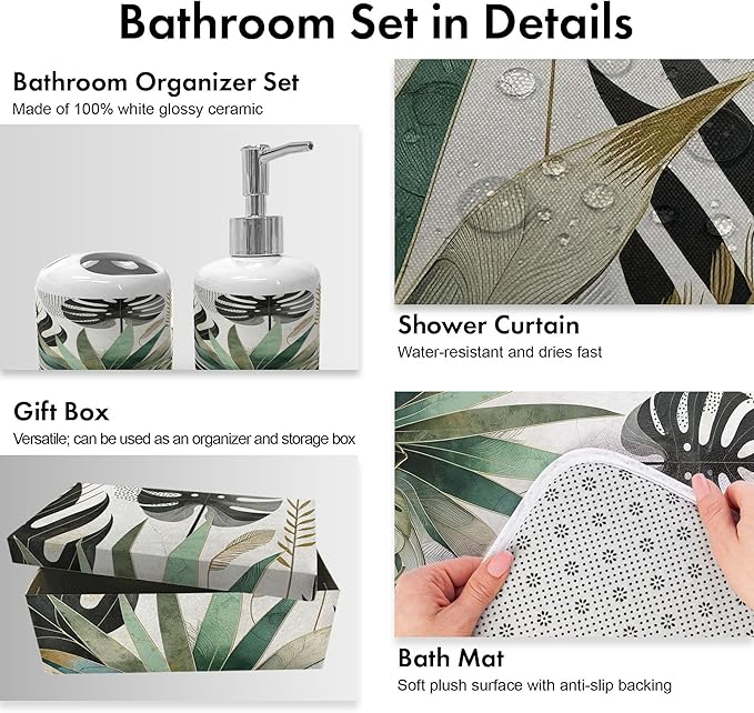 Ambesonne Green Bathroom Decor Set 4 Pcs Including Shower Curtain with Hooks Bath Mat Soap Dispenser Toothbrush Holder in Box Essentials & Accessories, Exotics Scenario Leaves, Teal Pale Khaki Fawn
