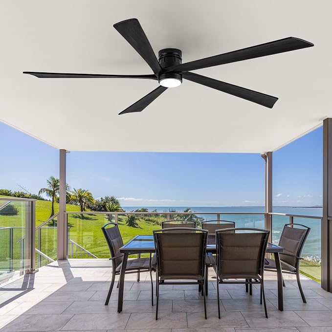 EKIZNSN 84 Inch Outdoor Low Profile Flush Mount Ceiling Fans with Lights for Patios, 110V Noiseless Reversible DC Motor, 6-Gear Speed (Black Finish with Black Blades)