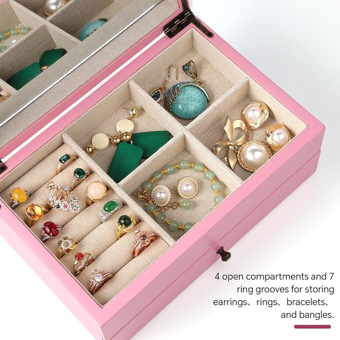 Meangood Jewelry Box Organizer for Women, 2 Layer Large Jewelry Storage Case, Rustic Wooden Jewelry Box with Mirror & Ring Tray for Necklace Earring Bracelets Rings, Vintage Style (Pink)