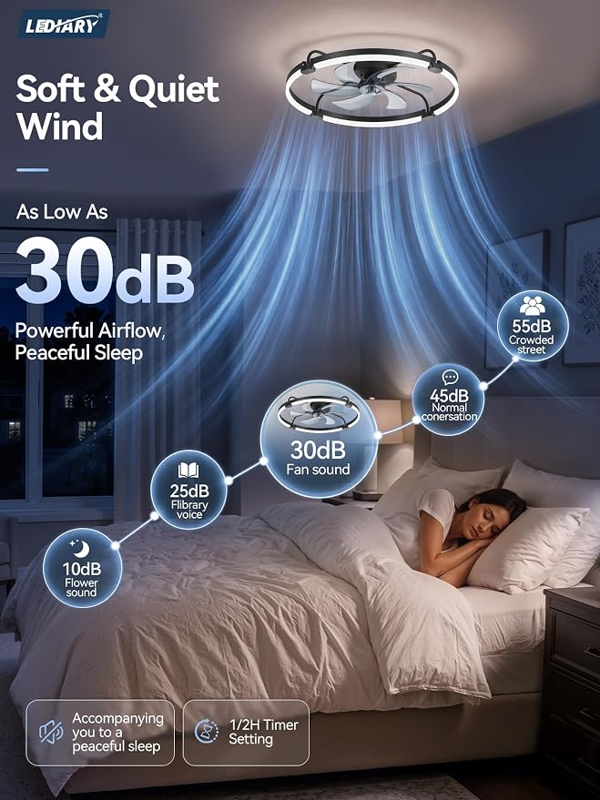 LEDIARY 26" Ceiling Fans with Lights and Remote, Low Profile,Large, Black | 3000K-6000K Stepless Dimmable Fandelier, Reversible DC Motor, Remote and APP Control, Bedroom Kitchen Living Room