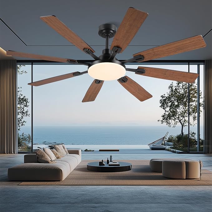 JSAITEE 60In Ceiling Fans with Lights - Brown Low Profile Fan Light with 8 Blades, 6 Wind Speeds Reversible, Dimmable, Modern Light Fixture for Indoor Living Room, Kitchen, Coverd Patios
