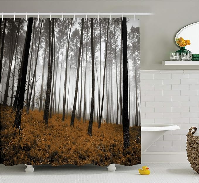 Ambesonne Forest Shower Curtain, Mystical Fantasy Woodland Under Heavy Fog Tall Trees Bushes Contrast Colors, Cloth Fabric Bathroom Decor Set with Hooks, 69" W x 84" L, Caramel Black