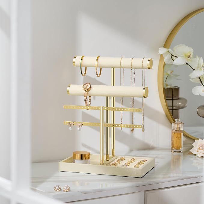 Jewelry Organizer Stand for Necklaces, Bracelets, Earrings, Rings, Beige | 3 Tier Velvet Bracelet Holder Display | Jewelry Organizers and Storage | Jewelry Tree | Jewelry Towers