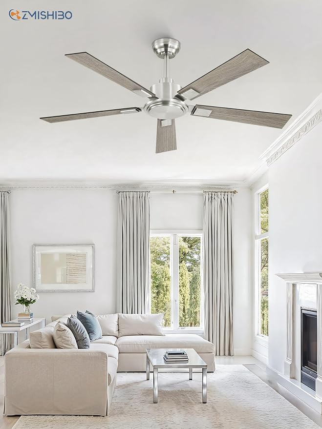 ZMISHIBO 52 Inch Ceiling Fan No Light with Remote Modern Nickel Ceiling Fan with Quiet Reversible DC Motor, 6-Speeds 5 Blades, Indoor/Outdoor Ceiling Fans Without Light for Patios, Living Room, Garage