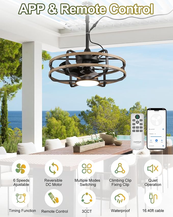 20" Outdoor Ceiling Fan with Light – Waterproof Plug-In Smart Fan for Porch, Pergola & Gazebo, 4CCT Color Adjustable, Alexa & Google Compatible, Caged Design, Black & Dark Wood Finish