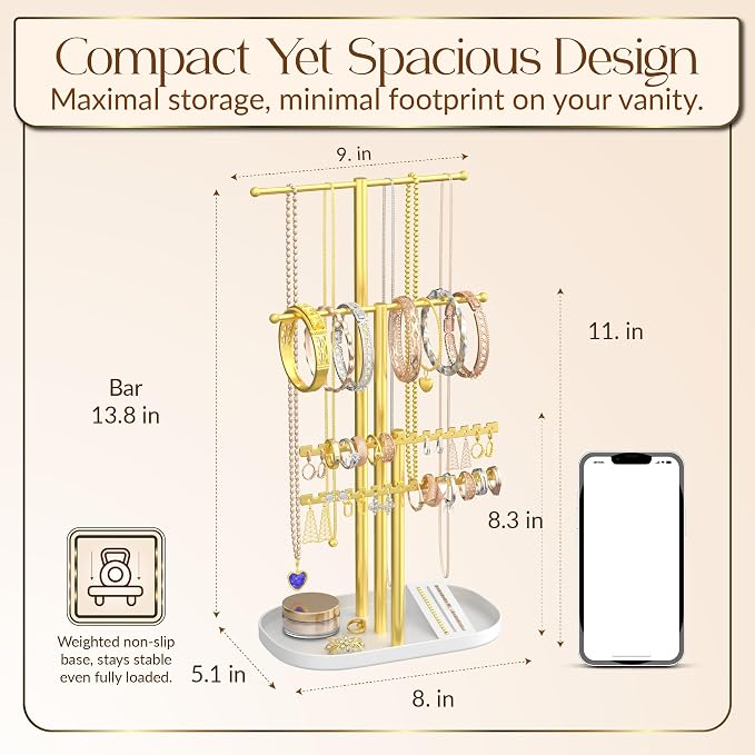 Jewelry Tower Stand Organizer for Women - Elegant Jewelry Holder Display with Necklace Holder, Earring Organizer & Bracelet Rack - Tabletop Jewelry Stand for Dresser, Vanity, Desk