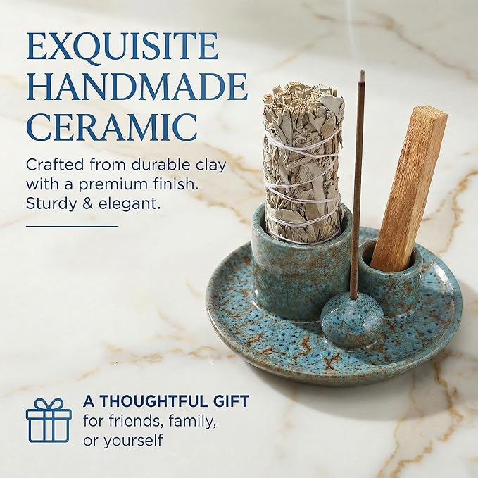 Palo Santo Sticks Holder, Multi-Purpose Handmade Ceramic Incense Burner for Palo Santo Incense Sticks, Sage Holder for Burning, Ash Catcher Tray for Meditation Yoga Room-Light Blue