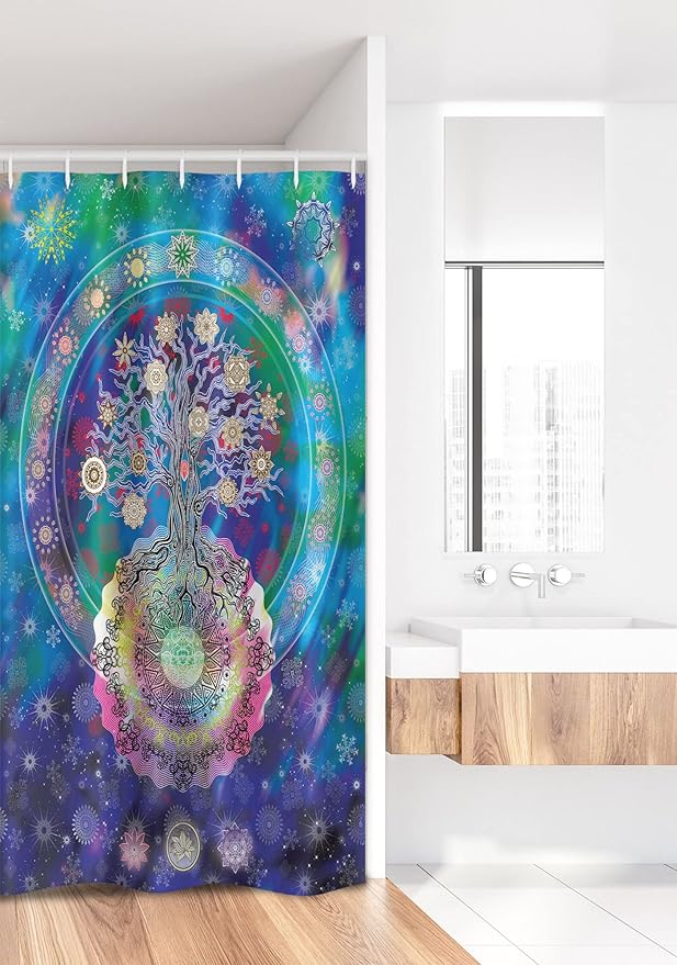 Ambesonne Mandala Stall Shower Curtain, Tree of Life Floral Style Mandala Calm Artwork Peace Design Natural Scenery, Fabric Bathroom Decor Set with Hooks, 36" W x 72" L, Blue Purple