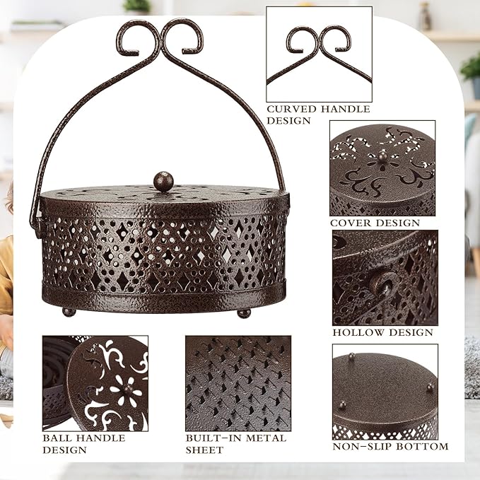 Lallisa Incense Coil Holder Sets, Round Metal Hanging Incense Burner with Handle and Lid, Portable Coil Burner Stand Container for Patio Camping Garden Home Indoor Outdoor Decor(Bronze Color,2 Pcs)