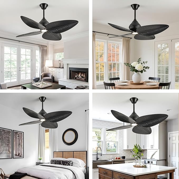 52" Tropical Ceiling Fans with Lights, Indoor Palm Leaf Ceiling Fan with Light and Remote for Living Room Bedroom, ABS Blades, Dimmable LED Lights, 6 Speeds, Adjustable Height-Black