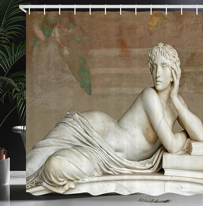 Ambesonne Retro Shower Curtain, Detail from The Tomb of Pisa Campo Santo Italian Mathematician and Physicist, Cloth Fabric Bathroom Decor Set with Hooks, 69" W x 84" L, Ivory Tan