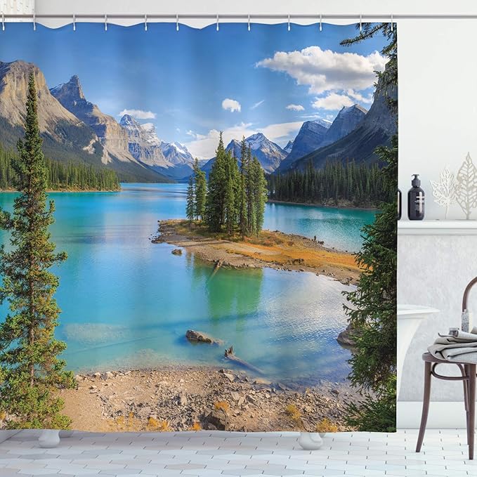 Ambesonne Landscape Shower Curtain, Maligne Lake in Jasper Natioanal Park Alberta Canada Summer Day Outdoor Picture, Cloth Fabric Bathroom Decor Set with Hooks, 69" W x 70" L, Green Azure