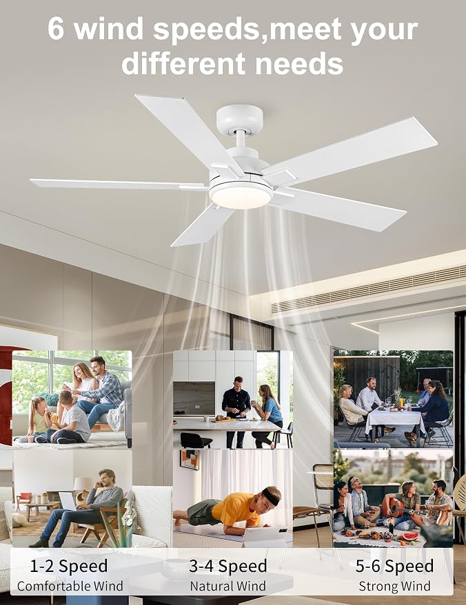 Modern Ceiling Fans with Lights - 52 inch Outdoor White Ceiling Fan with Light and Remote, Reversible DC Motor, 6-Speed Quiet 3CCT LED Dimmable for Bedroom, Indoor and Outdoor, Patios , ETL Listed