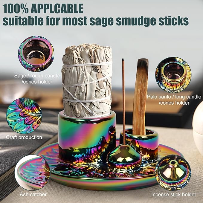 Incense Holder, Palo Santo Holder, Incense Holder for Sticks, 4 in 1 Ceramic Ash Catcher Tray for Smudge Meditation Yoga