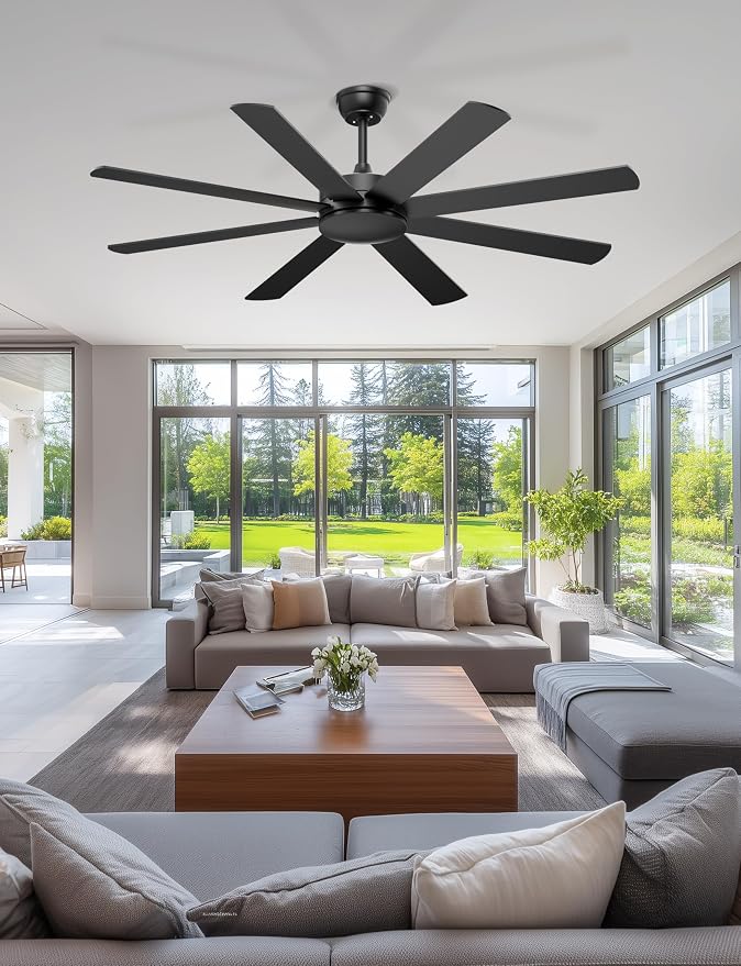 60'' Black Ceiling Fan No Lights for Indoor/Covered Outdoor | Remote/APP Control, 5980 CFM Airflow, Quiet DC Motor, Reversible Airflow, 8 Blades Modern Overhead Fan for Patio, Garage