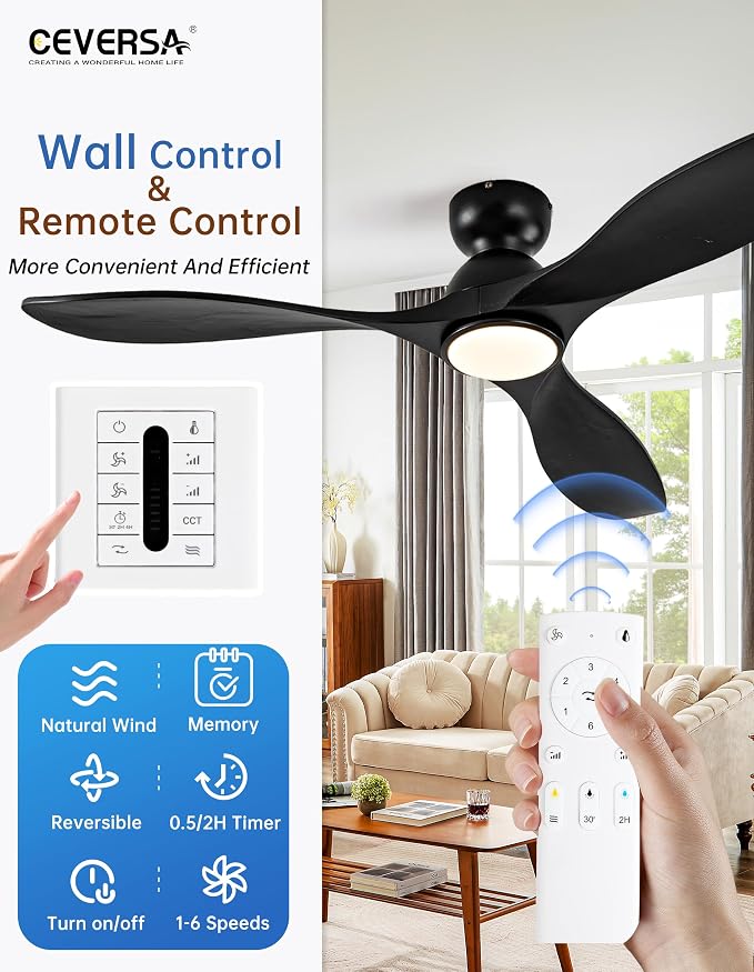 52 Inch Flush Mount Ceiling Fans with Lights and Remote,Black Low Profile Ceiling Fan with Light,3 Blade,Dimmable,Quiet Noiseless DC Motor for Patios,Living Room,Bedroom(Wall Control Switch)