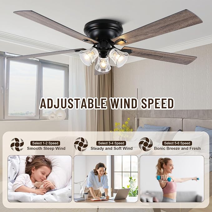 60'' Flush Mount Ceiling Fan with Light and Remote Control | 3 Clear Seeded Glass Light Fixtures,6 Speed Reversible DC Motor,Ceiling Fan with Light forCovered Porch Great Room Villa