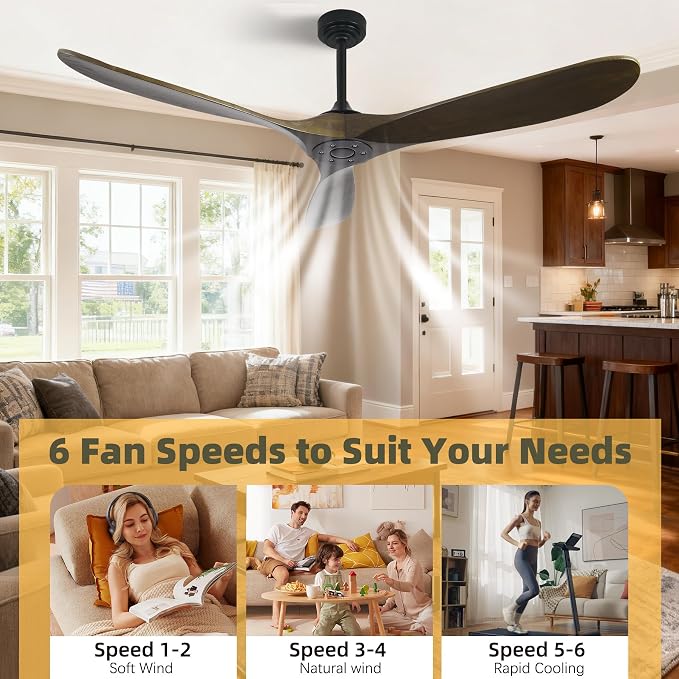 Outdoor Ceiling Fan Without Light, 60 Inch Smart Ceiling Fan with Remote & Voice Control for Compatible with Alexa/Google, 3-Blade Wood Fan, Quiet DC Motor, 6 Speeds for Patio, Porch, Farmhouse