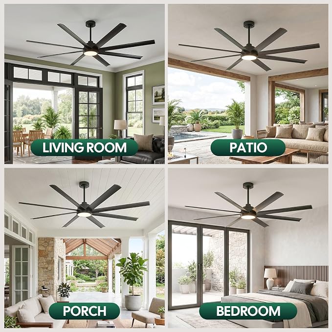 72 Inch Outdoor Ceiling Fan with Light, Modern Black Smart Ceiling Fan with Alexa/App/Remote Control, 8 Anti-Rust Aluminum Blades, High 9799 CFM Quiet DC Motor, Damp Rated for Patio Living Room Garage