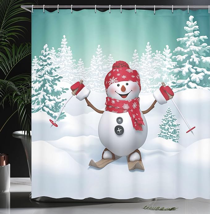 Ambesonne Christmas Shower Curtain, Snow Covered Mountain with Fir Trees and Skiing Snowman Fun Holiday Activity, Cloth Fabric Bathroom Decor Set with Hooks, 69" W x 84" L, White Teal