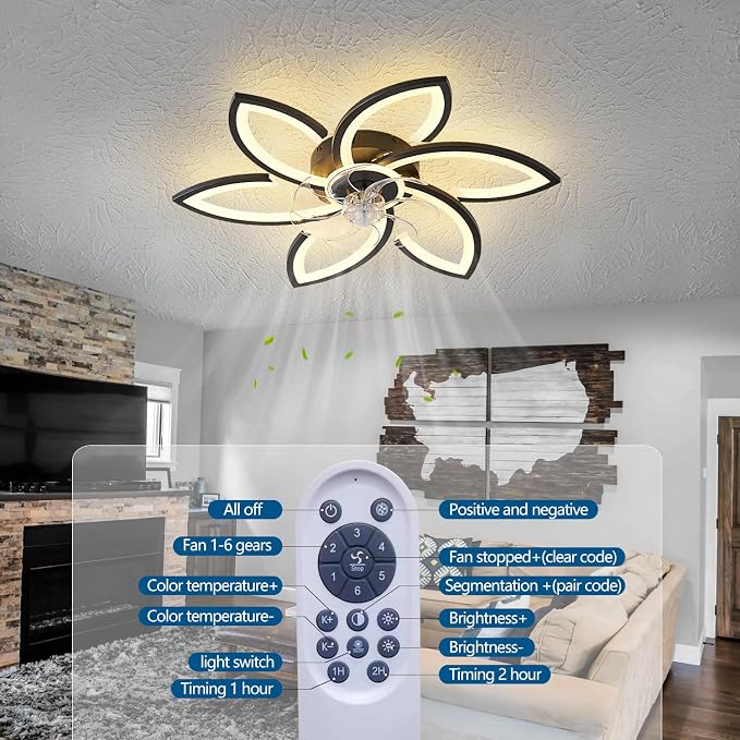 Dalouguan Ceiling Fan with Lights Remote Control, 30" Black Flower 6 Speeds 3 Light Color Low Profile Flush Mount Ceiling Fan for Kitchen Bedroom