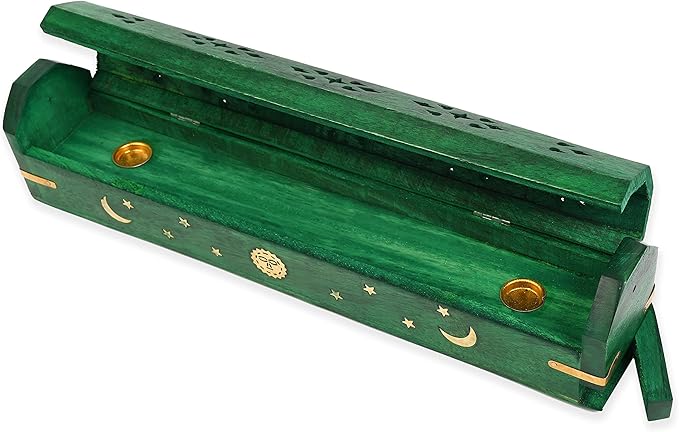 Incense Garden Pack of 2 Incense Stick Holder - Coffin Style - Wood Incense Stick Burner with Sun Moon Star Handmade with Brass Inlays (Green)