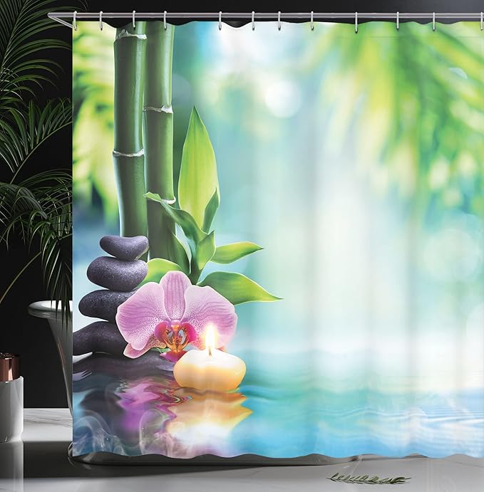 Ambesonne Spa Shower Curtain, Symbolic Features Candle and Bamboos Tranquil and Thoughtful Life Nature Print, Cloth Fabric Bathroom Decor Set with Hooks, 69" W x 75" L, Blue Black