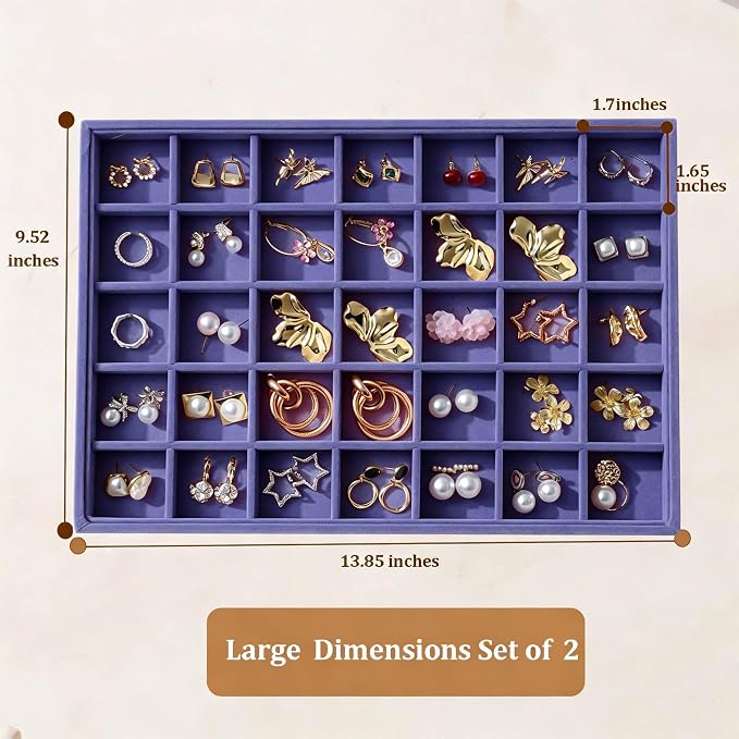 Large Velvet Jewelry Tray 2 Pack Stackable Jewelry Display Drawer Inserts Trays Organizer for Earring Bracelet Necklace Ring (Purple, 35 Grids)