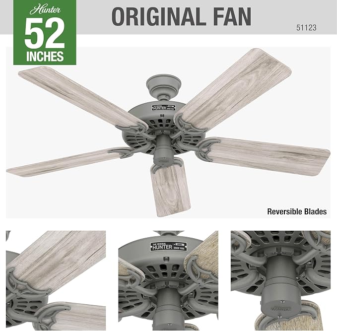 Hunter Original, Outdoor or Indoor, Ceiling Fan, 52 inch, Matte Silver | No Light, Standard Mount, Pull Chain, 5 Blades, For Living Room, Patio, Porch, Garage, 51123