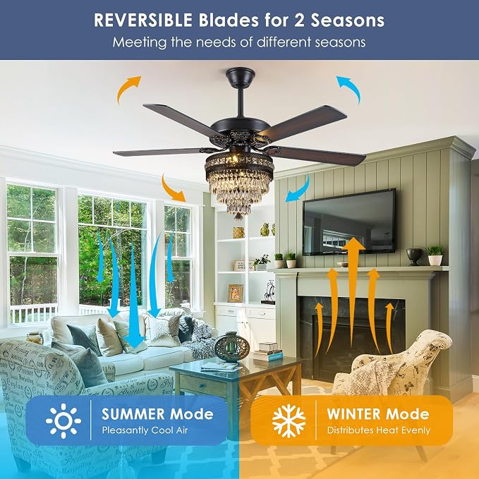 50"Black Crystal Chandelier Ceiling Fans with Lights and Remote Control | Classical Design,6 Reversible Speeds,30W Quiet DC Motor,5 Wooden Blades,2*E12 LED Bulbs Included,for Living Room Bedroom
