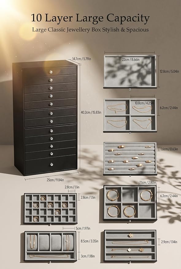 GUKA Large Jewelry Box, Jewelry Case with 10 Drawers for Big and Small Jewelry, Jewelry Storage Organizer for Watch Earrings Necklace Rings Bracelets, Birthday Wedding Gifts, Black