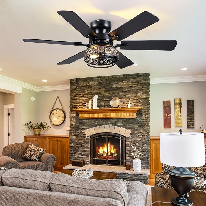 Hounberi 48 Inch Ceiling Fans with Lights and Remote Control, Flush Mount Industrial Black Ceiling Fan, Dual Finish 6 Blades, Reversible DC Motor, Rustic Caged Ceiling Fans for Living Room Bedroom